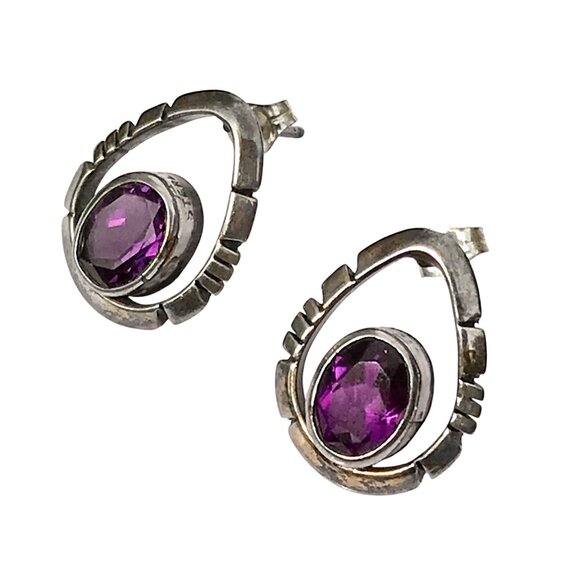 Vintage Sterling Silver and Amethyst Teardrop Stud Earrings, Estate Faceted Beze - Picture 2 of 13